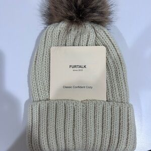 NWT FURTALK Women's Cream Knit Beanie with Pom-Pom. Satin Lined